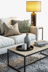 A living room with a white couch and a coffee table. Suitable for home decor and interior design projects