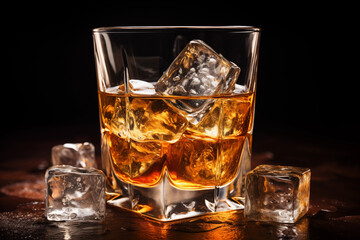 Whiskey on Ice in einem rauchig holzigen Umfeld, Genuss und Lifestyle