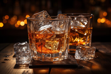 Whiskey on Ice in einem rauchig holzigen Umfeld, Genuss und Lifestyle