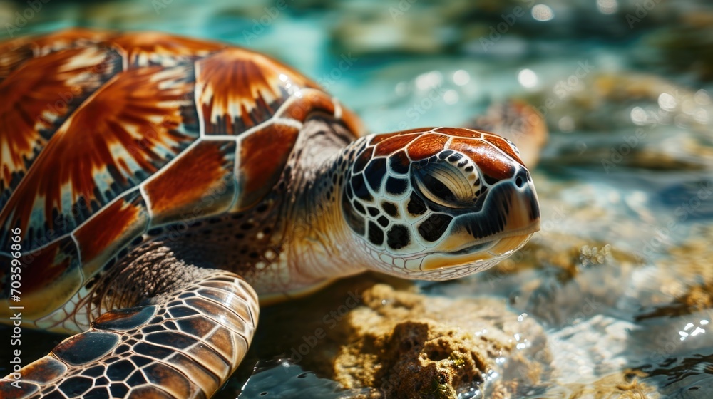 Poster a close up photograph of a turtle swimming in the water. this image can be used to depict aquatic li