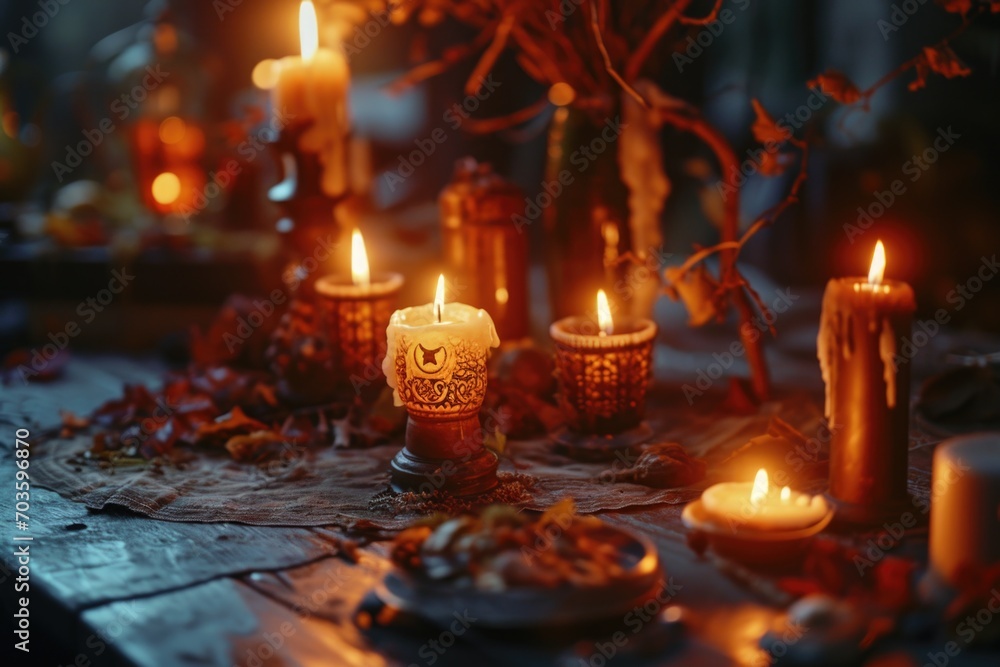 Poster a table adorned with numerous lit candles. perfect for creating a cozy and romantic atmosphere. idea