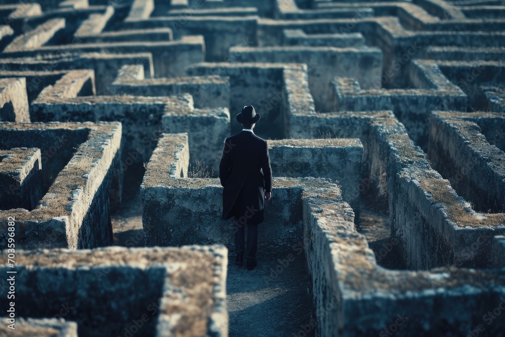 Poster A man in a suit navigating a maze. Suitable for business concepts and problem-solving illustrations