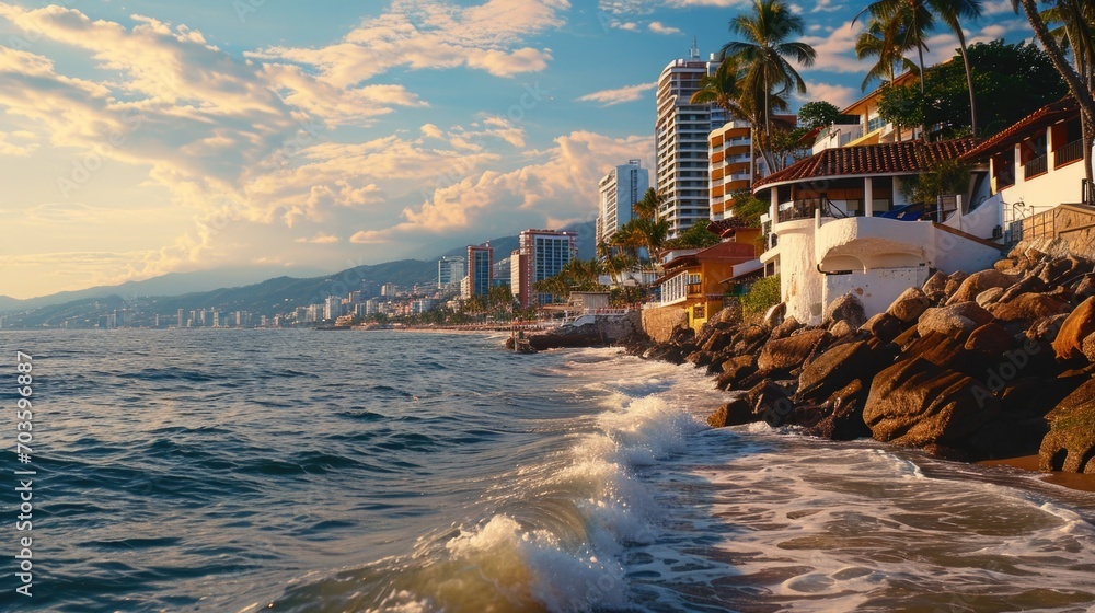 Poster a view of a beach with waves coming in to shore. perfect for beach lovers and ocean enthusiasts