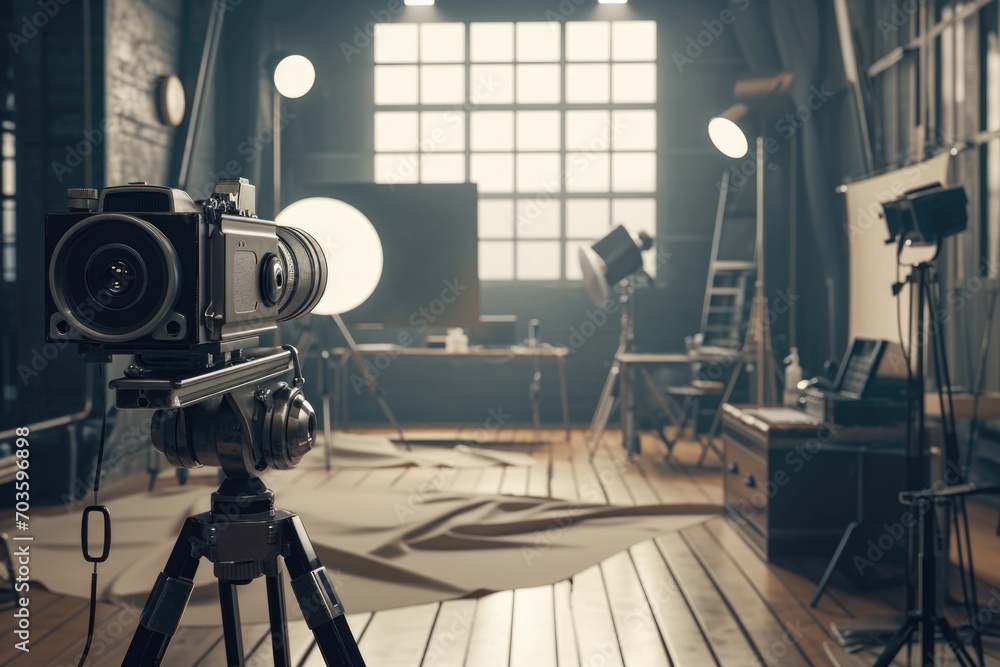 Poster a camera placed on a tripod in a room. suitable for photography and videography projects