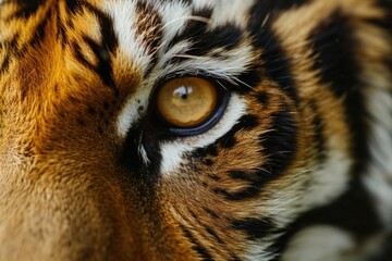 A close-up view of a tiger's eye, showcasing its intricate patterns and vibrant colors. This image can be used to depict the beauty and intensity of nature, or to symbolize focus and determination