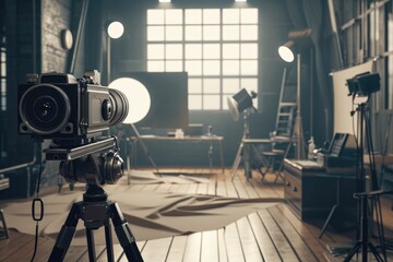 A camera placed on a tripod in a room. Suitable for photography and videography projects