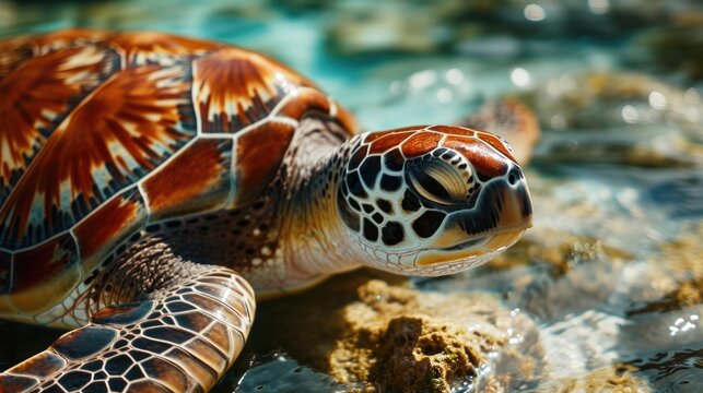 A close up photograph of a turtle swimming in the water. This image can be used to depict aquatic life or as a visual representation of tranquility