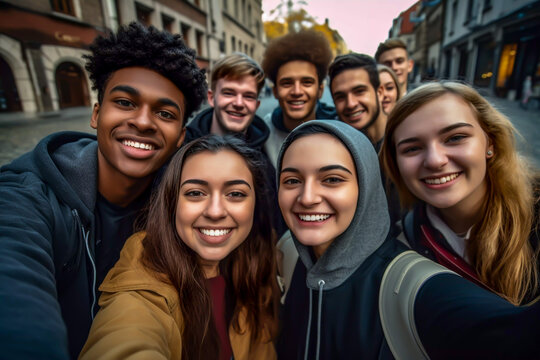 Smiling multi ethnic group of happy young adults posing together for a selfie together young smiling multiracial group of people group of multi-ethnic teen friends diverse group of students