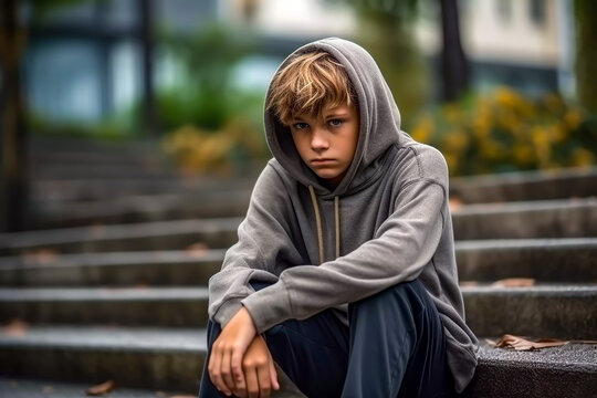 Unhappy looking young teenage boy in a hoodie sitting on some concrete steps looking into the distance sad and emotional young adult male looking very lonely anxiety and mental health concept