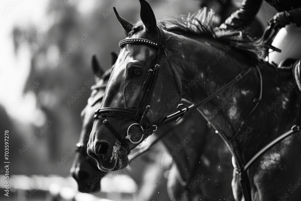 Poster A captivating black and white photo of two horses. Perfect for adding elegance and depth to any project