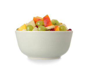 Bowl with fresh fruit salad on white background