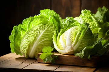 A sunlit tableau of a fresh, organic Napa cabbage and other vegetables from the garden, ready for a healthy meal - obrazy, fototapety, plakaty