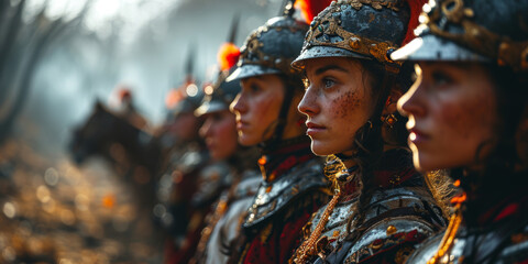 Ancient brave female warriors with helmets on the battlefield ready to attack. - obrazy, fototapety, plakaty