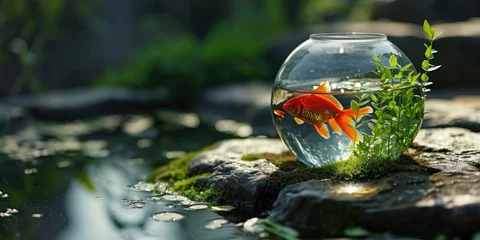 Fotobehang A goldfish swimming in a fish bowl. Perfect for illustrating pet care or relaxation concepts © Fotograf