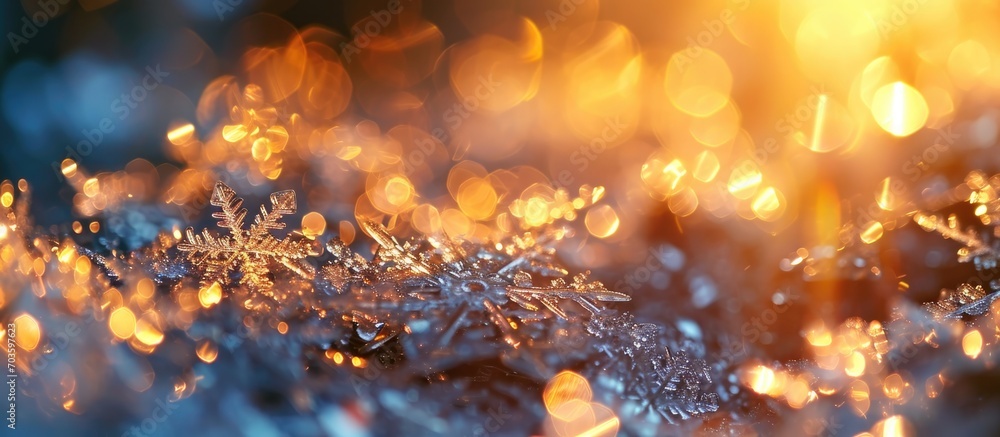 Poster sunset macro shot of shiny snowflakes texture with bokeh rays.