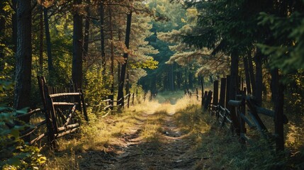A dirt road winding through the middle of a forest. Can be used to depict a peaceful nature scene or as a backdrop for adventure-themed designs