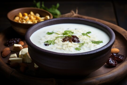 An appetizing dish of Qatiq, a nutritious fermented milk product from Central Asia, on a rustic setting