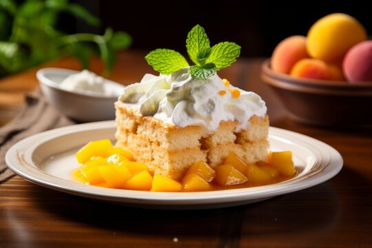 An appetizing portion of Chaja, a popular dessert from Uruguay, topped with succulent peaches and rich whipped cream