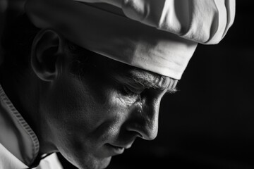 A close-up image of a person wearing a chef's hat. Suitable for food and cooking related content