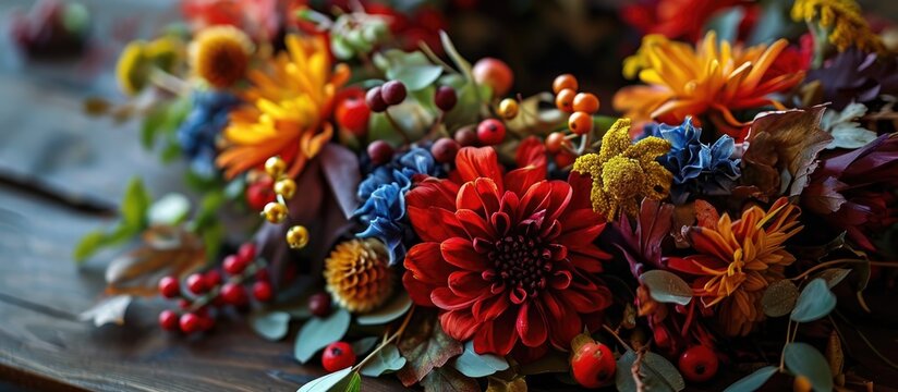 Autumn door wreath with handmade colorful flowers and berries. Fall floral workshop.
