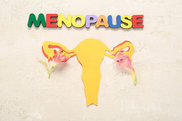 Word MENOPAUSE with paper uterus and flowers on white background