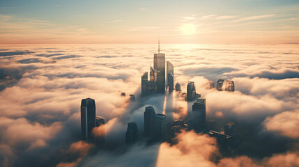 The top of a skyscraper peeking through low-hanging clouds at sunrise with the city below just starting to come to life. - obrazy, fototapety, plakaty