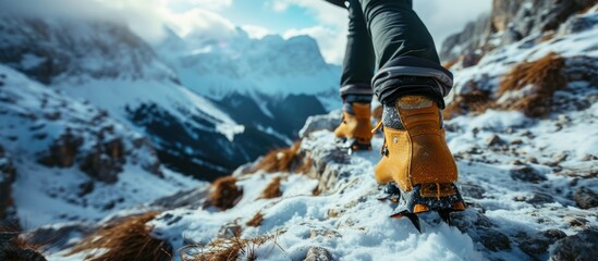 Female mountaineers wear crampons on their boots when climbing snowy mountains. - obrazy, fototapety, plakaty