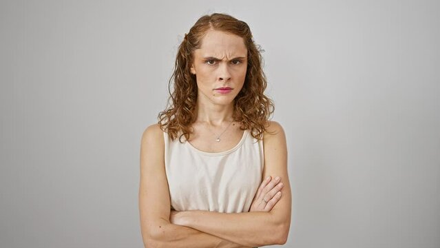Disapproving skeptic young woman, standing nervous with crossed arms, portrays negative expression on face. isolated against white background.