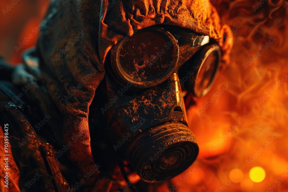 Poster A man is seen wearing a gas mask while standing in front of a fire. This image can be used to depict environmental disasters, industrial accidents, or emergency situations