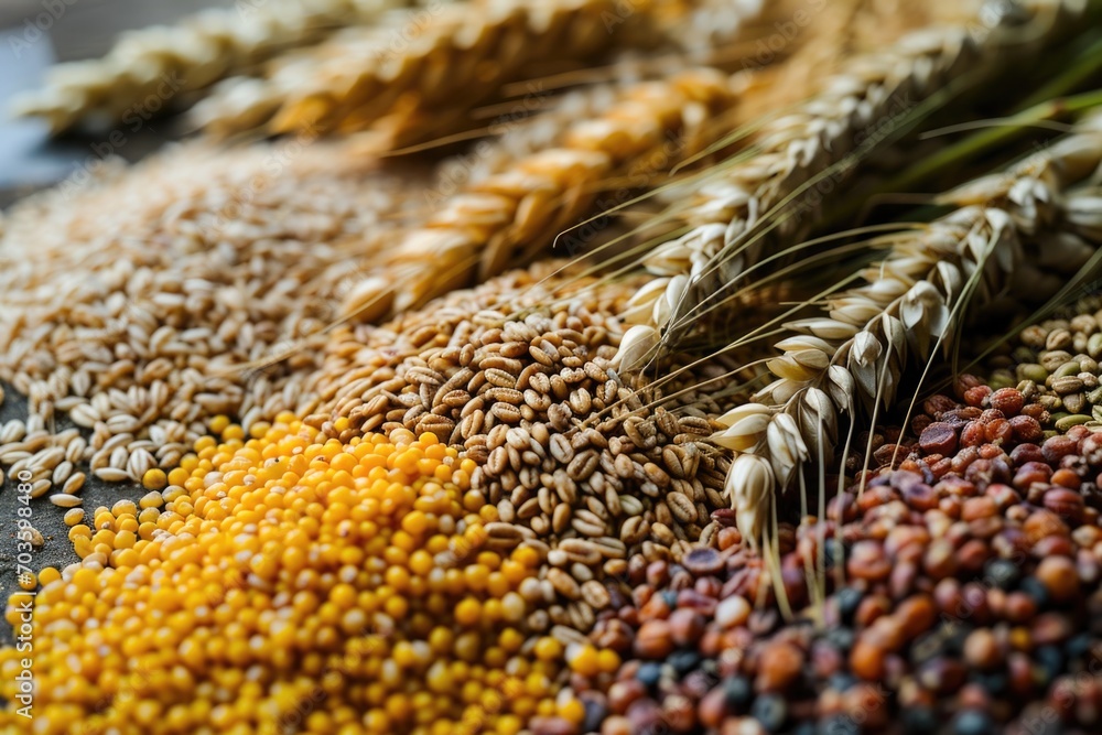 Poster A collection of different types of grains displayed on a table. Perfect for illustrating the diversity of grains and their uses in cooking and nutrition