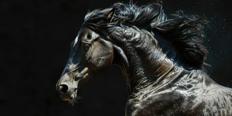A close up shot of a horse against a black background. Perfect for equestrian enthusiasts or anyone looking for a powerful and dramatic image