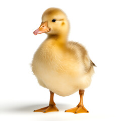 A cute, fluffy yellow duckling stands alone against a white background, showcasing its innocence...