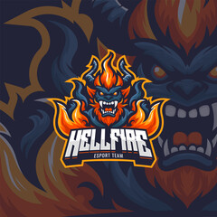 Fire monster mascot esport vector illustration. Flame devil gaming and sport team mascot emblem.