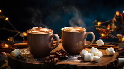 Obraz na płótnie Canvas Two cups of hot chocolate, cocoa or warm drink with marshmallows. Neural network AI generated art
