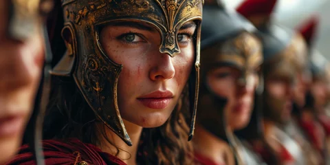 Foto op Canvas Ancient brave female warriors with helmets on the battlefield ready to attack. © NorLife