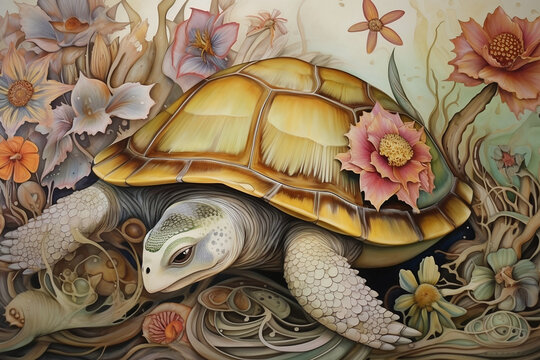 Illustration of a turtle with flowers and sea creatures
