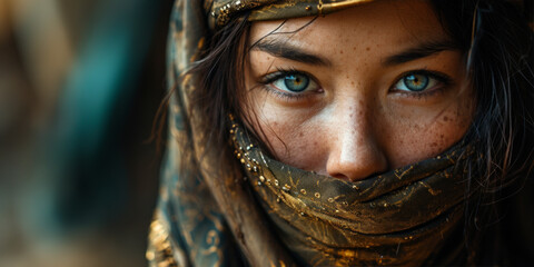 Portrait of beautiful islamic girl with blue eyes wearing scarf and traditional clothes.