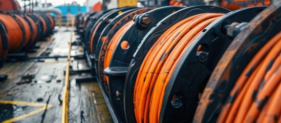 Large quantity of undersea communication cable on ship stand, with orange data line wound around black reel at storage yard for internet communications.