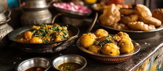Indian street food, known as panipuri, golgappe, or chaat, includes stuffed panipuri with aloo and sweet tamarind. - obrazy, fototapety, plakaty