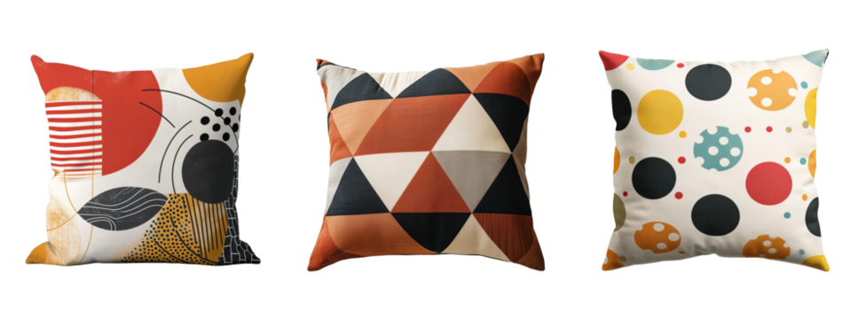 Modern design on three decorative cushions. Isolated over white transparent background