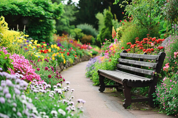 Wooden vintage bench in park full of vegetation in full bloom