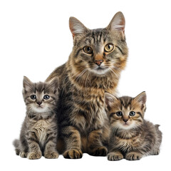 Cat mom with her two kittens. cute portrait over white transparent background