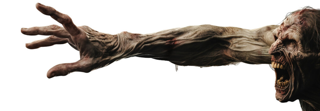 Creepy zombie trying to reach something with hand. Close up panoramic image over white transparent background