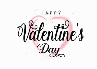 Happy Valentine's Day inscription, vector lettering. Decorative abstract background with pink hand drawn heart. Hand written greeting card template for Valentine's day. Isolated typography print.