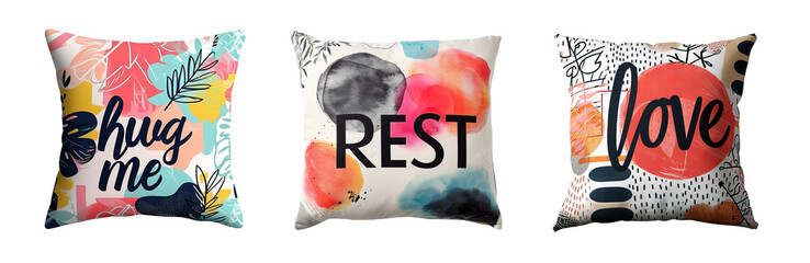 Modern colorful decorative cushions with phrase Hug me, Rest and Love printed. Isolate over transparent background - obrazy, fototapety, plakaty