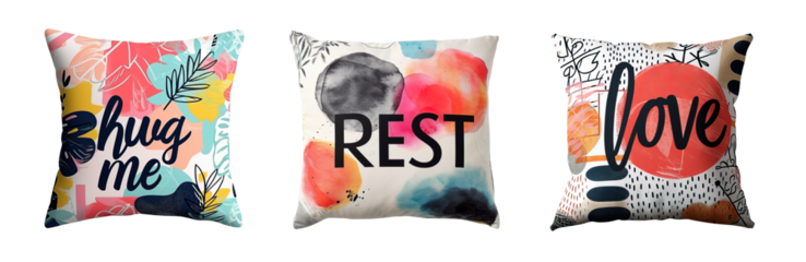Modern colorful decorative cushions with phrase Hug me, Rest and Love printed. Isolate over transparent background
