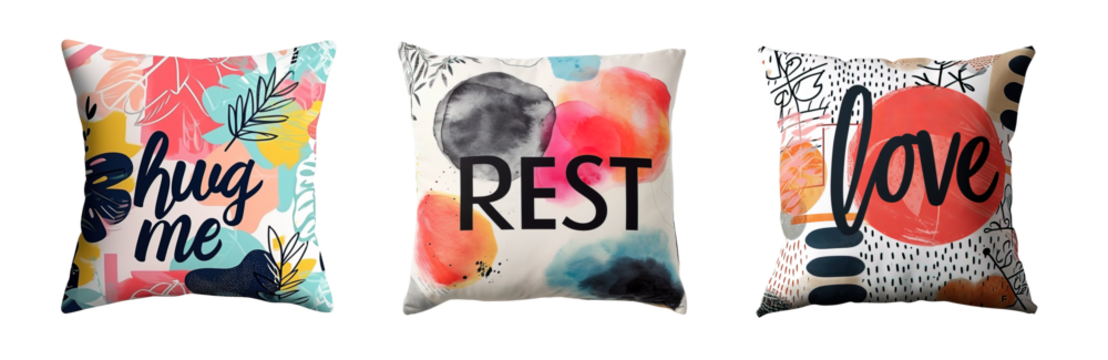 Modern colorful decorative cushions with phrase Hug me, Rest and Love printed. Isolate over transparent background