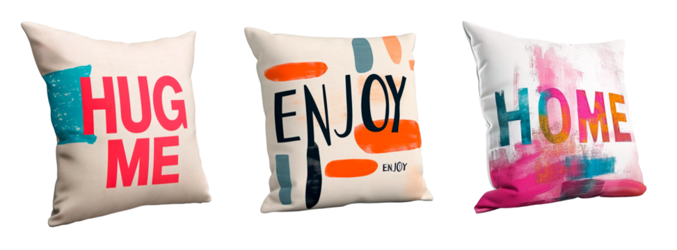 Set of three different modern cushions with phrases on them. Isolated on white transparent background