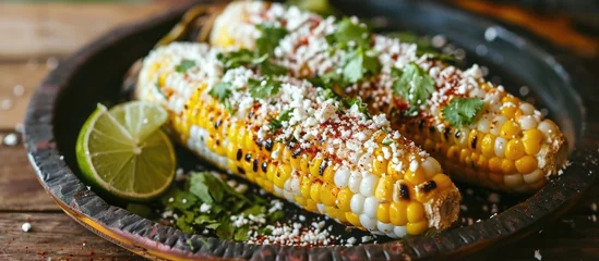 Fotobehang Elote, a Mexican street corn with cotija cheese, cilantro, and chili. © 2rogan