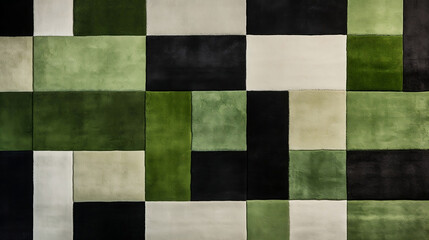 An abstract area rug with green, black and white squares, in the style of color-blocked shapes, allover composition, imitated material, contrasting textures, sleek lines